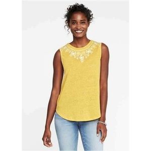Yellow sleeveless top white embroidery extra large